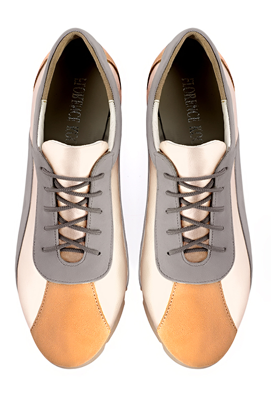 Marigold orange, gold and pebble grey women's three-tone elegant sneakers. Round toe. Flat rubber soles. Top view - Florence KOOIJMAN
